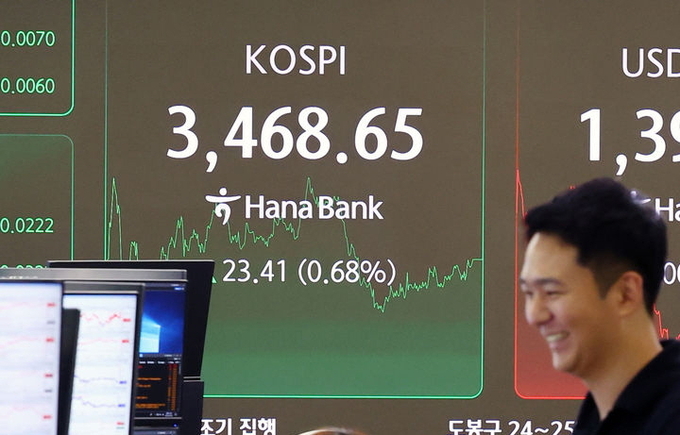 22일 오후 서울 중구 하나은행 딜링룸에서 딜러들이 업무를 하고 있다.코스피는 전 거래일(3445.24)보다 23.41포인트(0.68%) 오른 3468.65에 장을 마쳤다. ⓒ 파이낸셜데일리 / 뉴시스